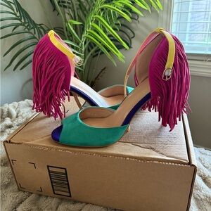 Chic Fringe Heels in Pink and Green